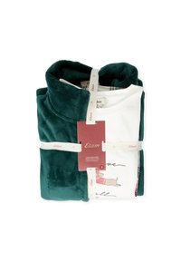 Složená tmavě zelená fleecová bunda a bílá košile s dlouhým rukávem s ilustrací psa, zajištěné bílými značkovými popruhy a červeným štítkem Etam.