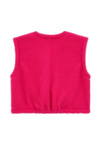 Klart rosa ärmlös fleeceväst med rundad halsringning, tillverkad av mjukt texturerat tyg, visad bakifrån mot en vit bakgrund.