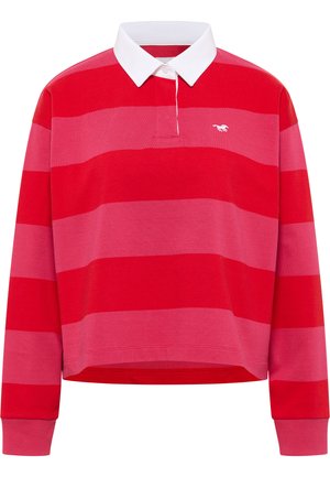 Czerwono-różowy sweter w paski z białym kołnierzykiem, długimi rękawami i skróconym fasonem. Ma małe logo na klatce piersiowej.