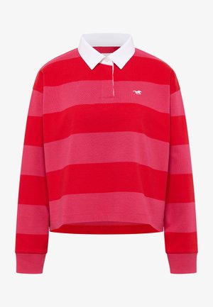 Czerwono-różowy sweter w paski z białym kołnierzykiem, długimi rękawami i skróconym fasonem. Ma małe logo na klatce piersiowej.