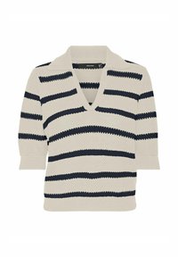 Gebreide pullover met een V-hals en korte mouwen, met een crèmekleurige basis met marineblauwe horizontale strepen en een gestructureerde afwerking.