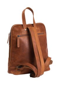 Zaino in pelle marrone con una texture liscia, due manici superiori, una tracolla regolabile e una tasca frontale con zip.