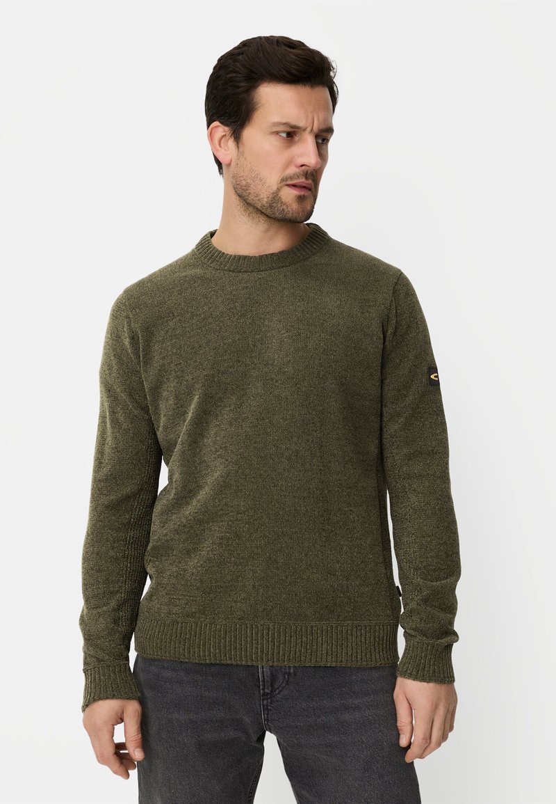 Olivengrøn strikket sweater med rund halsudskæring, ribstrikkede ærmekanter og kant forneden, med et logopatch på venstre ærme. Blød tekstur.