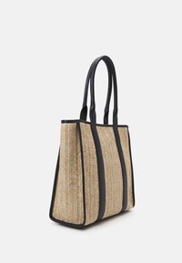 Woven straw tote bag with black faux leather trim and handles; features a rectangular shape and slightly textured surface.