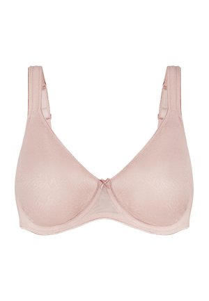 Light pink molded cup bra with adjustable straps, slight floral pattern, and a small decorative bow at center front.