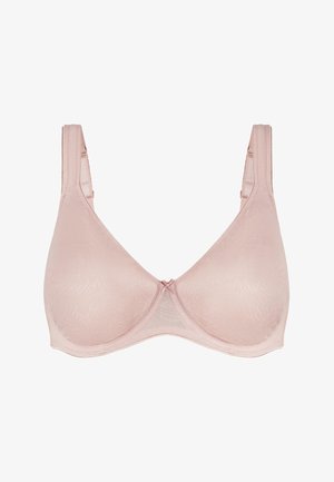 Hellrosa vorgeformter Bügel-BH mit verstellbaren Trägern, leichtem floralen Muster und einer kleinen dekorativen Schleife in der Mitte vorne.