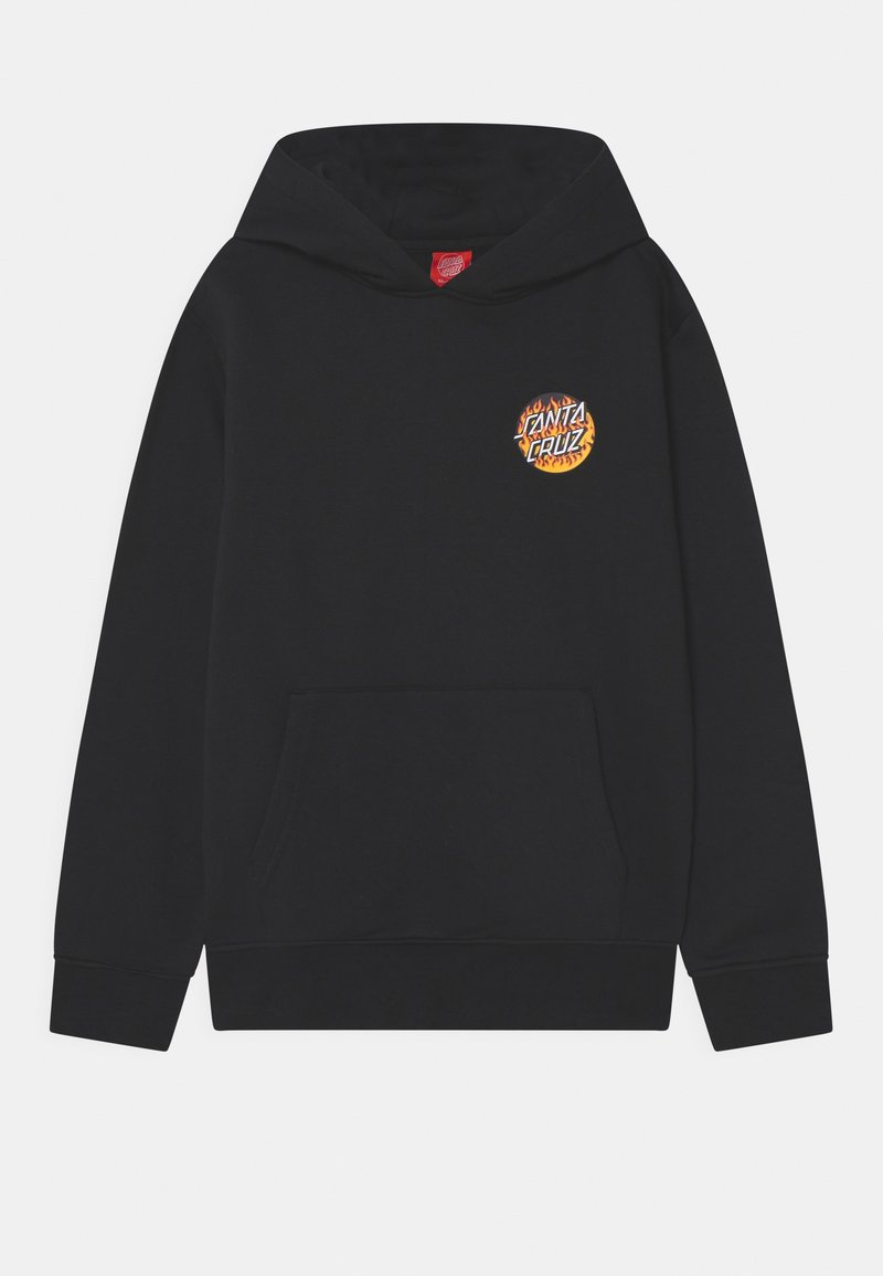 Sudadera negra con capucha que presenta un bolsillo frontal y un logo circular y multicolor de "Santa Cruz" con diseño de llamas en la zona del lado izquierdo del pecho. Tejido de mezcla de algodón.
