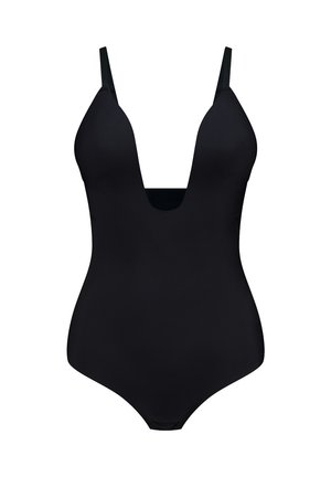 Costume da bagno intero nero con scollatura a V profonda, spalline sottili regolabili, texture liscia e copertura totale sul retro. Design minimalista.