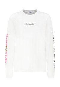 Weißes Langarm-T-Shirt mit dem Aufdruck "Kindness Matters" auf der Vorderseite, rosa Grafiken an den Ärmeln und einem runden Ausschnitt. Hergestellt aus weichem Baumwollmaterial.