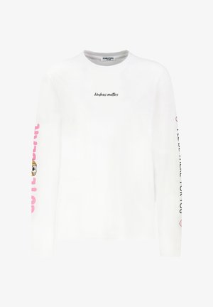 Weißes Langarm-T-Shirt mit dem Aufdruck "Kindness Matters" auf der Vorderseite, rosa Grafiken an den Ärmeln und einem runden Ausschnitt. Hergestellt aus weichem Baumwollmaterial.