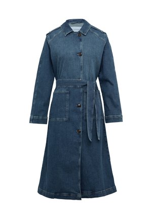 Denim jurk met een kraag, lange mouwen en een tailleriem. Voorzien van een knoopsluiting, twee voorzakken en contrasterende stiksels. Donkerblauwe kleur.