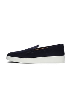 Navyblaue Wildleder-Slipper mit dickem weißen Gummisohle und minimalistischer Naht entlang der Kanten.