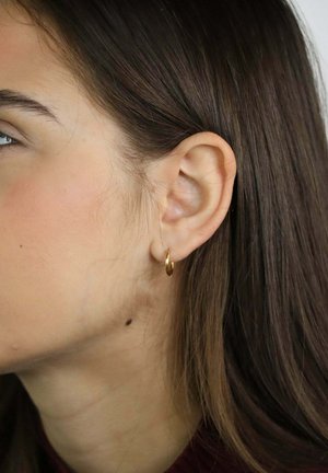 Gros plan sur l'oreille gauche d'une femme portant une petite boucle d'oreille en or en forme d'anneau, avec de longs cheveux bruns tirés derrière l'oreille.