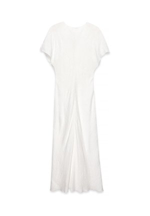 Biela, ľahká maxi šaty s krátkymi rukávmi, vyrobené z textúrovanej tkaniny, s rovným strihom a so spodným okrajom, ktorý končí pod členkami.