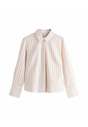 Light pink long-sleeve shirt with vertical stripes in a contrasting color. Features a collared neckline and button-front closure.