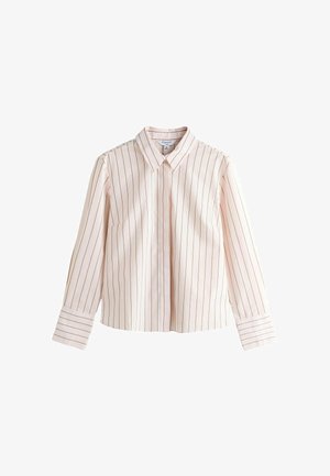 Šviesiai rožinė ilgomis rankovėmis palaidinė su vertikaliomis kontrastingos spalvos juostelėmis. Turi apykaklę ir sagų užsegimą priekyje.