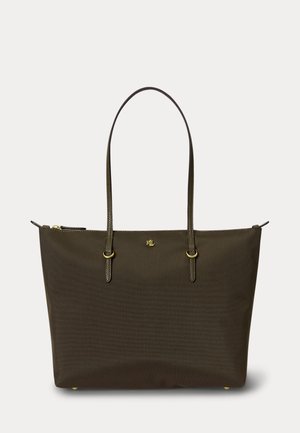 Sac cabas vert olive foncé avec deux fines bretelles, fermeture éclair dorée, petit logo RLL doré au centre et pieds métalliques dorés à la base.