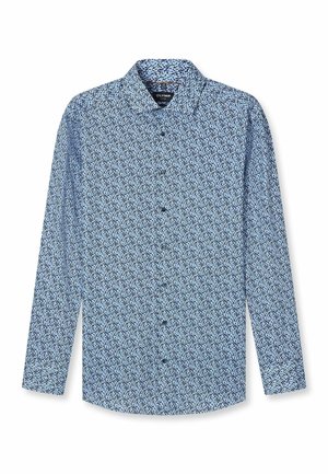 Overhemd met lange mouwen en knopen, uitgevoerd in een blauw-zwart bloemenpatroon, met een spreidkraag en manchetten met knopen.