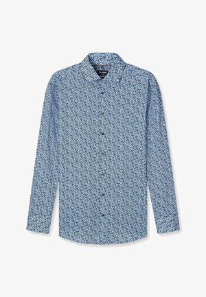 Chemise à manches longues avec boutons, motif floral bleu et noir, col large et poignets boutonnés.