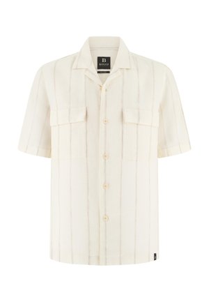 Chemise à manches courtes, écrue, boutonnée sur le devant, avec de fines rayures verticales, deux poches à rabat sur la poitrine et un col pointu.