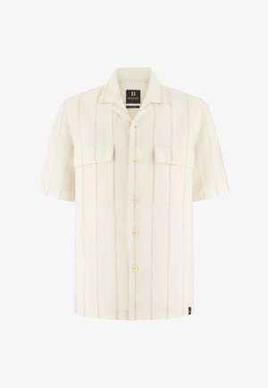 Chemise à manches courtes, écrue, boutonnée sur le devant, avec de fines rayures verticales, deux poches à rabat sur la poitrine et un col pointu.