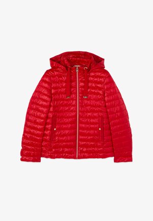 Giacca trapuntata imbottita rossa con cappuccio, zip frontale, coulisse e due tasche laterali con bottoni a pressione.