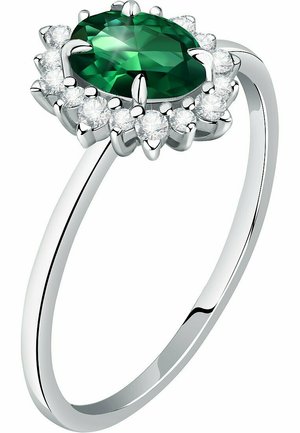 Silberner Ring mit einem ovalen grünen Edelstein in der Mitte, umgeben von diamantähnlichen Akzenten in einem blütenartigen Design. Glattes, poliertes Band.