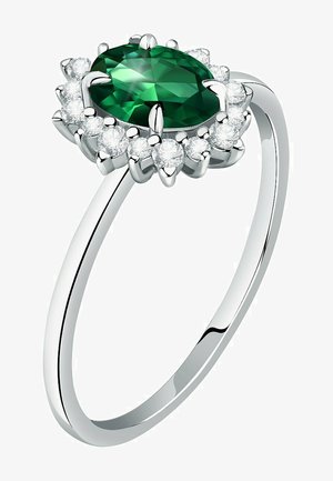 Silberner Ring mit einem ovalen grünen Edelstein in der Mitte, umgeben von diamantähnlichen Akzenten in einem blütenartigen Design. Glattes, poliertes Band.