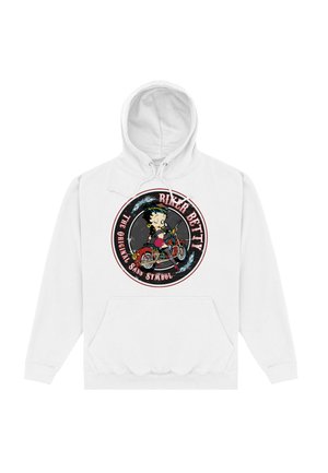 Biała bluza z kapturem z graficznym okrągłym wzorem przedstawiającym postać z kreskówki na motocyklu oraz napisem "Biker Betty The Original Sass Symbol."
