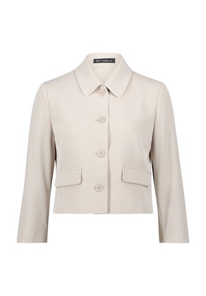 Beige cropped jasje met kraag, vier knopen aan de voorkant en twee klepzakken op een witte achtergrond.