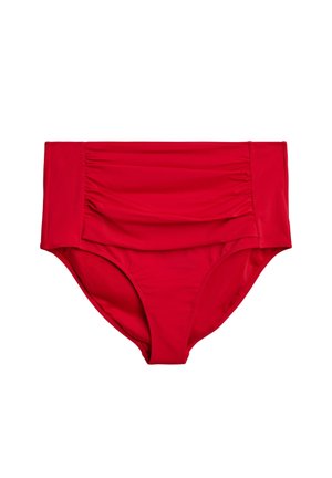 Rode hooggechunkte bikinibroek met geplooide textuur aan de zijkanten en een gladde afwerking, ontworpen voor comfort en bedekking.