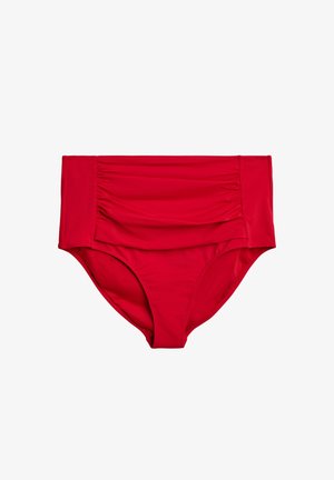 Punane kõrge vöökoht bikiinialus, millel on külgedel gathered tekstuur ja sile viimistlus, loodud mugavuse ja katvuse tagamiseks.