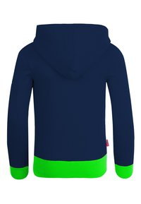 Navy blue hooded sweatshirt with green ribbed cuffs and hem. Soft material, fitted design, and a solid color without patterns.