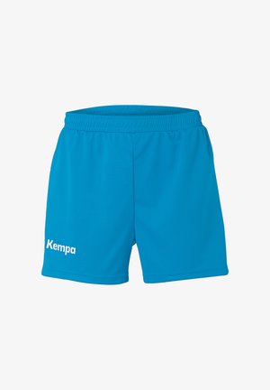 Blå sportsbukser lavet af letvægtsmateriale, med en elastisk talje og et hvidt logo på venstre side.