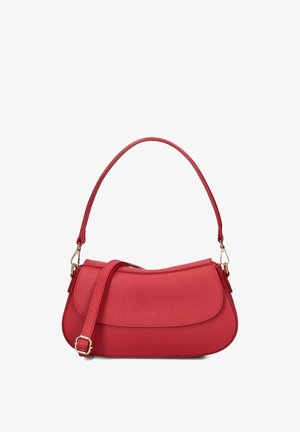 Red leather handbag with a curved design, featuring a single top handle and a removable shoulder strap, smooth texture, and gold-tone hardware.