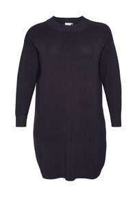 Purple knit sweater dress with long sleeves, ribbed texture, and a round neckline, featuring a loose fit and extending to mid-thigh length.