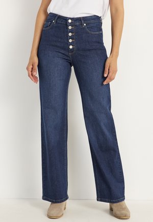 Hoge taille, wijde pijpen blauwe denimjeans met een sluiting met vijf knopen, voorzakken en een klassieke rechte snit met zichtbare stiksels.