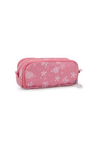 Pink fabric pencil case with white star, cat, and butterfly patterns, featuring two zippered compartments and rounded edges.