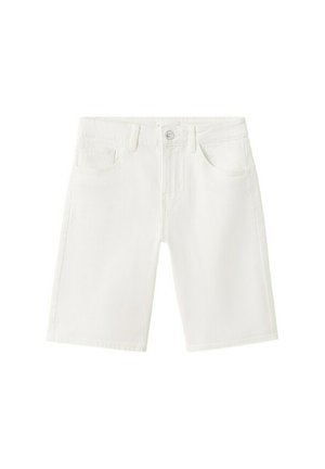 Biele rifľové šortky s zapínaním na gombík, pútkami na opasok, prednými vreckami a čistým lemom.