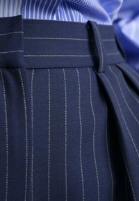 Pantalons plissés bleu marine avec des rayures verticales blanches, dotés d'une taille classique et d'une texture subtile.