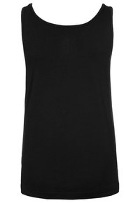 Top nero senza maniche con scollo ampio, design semplice, tessuto morbido, orlo dritto e cuciture minime. Adatto per essere indossato a strati o per uno stile casual.