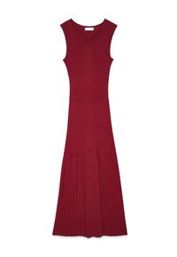 Abito a maglia rosso a coste con design senza maniche, scollatura a V e gonna plissettata fluida. Tessuto liscio e corpetto aderente.