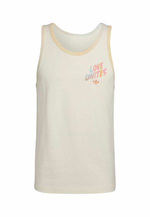 Crèmekleurige mouwloze tanktop met beige bies en de tekst "LOVE UNITES" in pasteltinten boven een klein Adidas-logo op de borst.