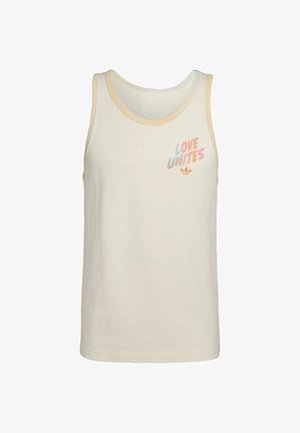 Crèmekleurige mouwloze tanktop met beige bies en de tekst "LOVE UNITES" in pasteltinten boven een klein Adidas-logo op de borst.