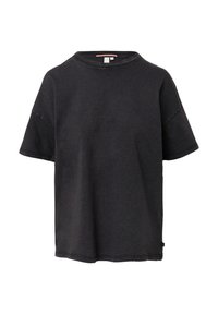 Zwarte katoenen T-shirt met een ronde hals, korte mouwen en een ontspannen pasvorm. Opvallende kenmerken zijn zichtbare naden en een zijlabel.