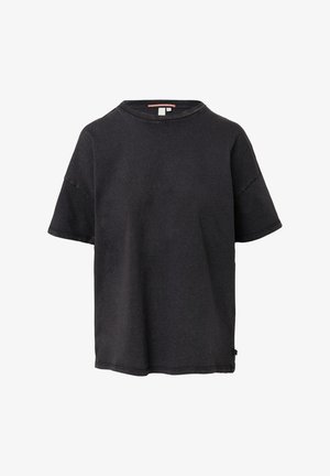 Zwarte katoenen T-shirt met een ronde hals, korte mouwen en een ontspannen pasvorm. Opvallende kenmerken zijn zichtbare naden en een zijlabel.