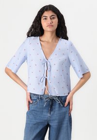 Blåstripet bluse med korte ermer, med dyp V-hals og knyting, prydet med små røde blomsterbroderier.