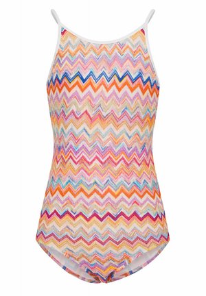 Maillot de bain une-pièce pour femme avec fines bretelles blanches et motif zigzag multicolore en tons orange, rose, bleu et violet.