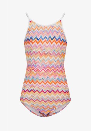 Kostium kąpielowy jednoczęściowy damski z cienkimi białymi ramiączkami i wielokolorowym wzorem zygzaków w odcieniach pomarańczowego, różowego, niebieskiego i fioletowego.