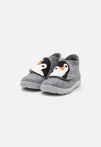 Grey felt slippers featuring two penguin designs on the front. Soft texture, with a grey rubber sole and rounded toe shape.